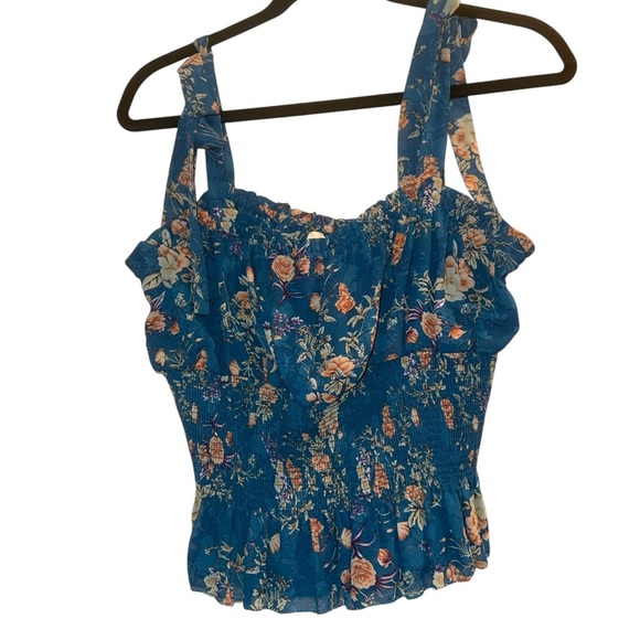 New ▶️ Natural Life  ◀️ Eloise Teal Blue Floral Smocked Tie Strap Tank Top - Picture 6 of 16